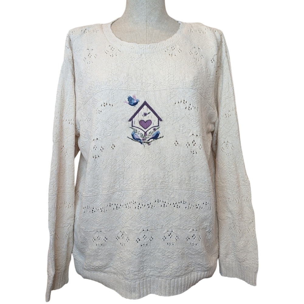 Vintage Cottagecore Birdhouse Embroidered Cream Knit Sweater L XL
